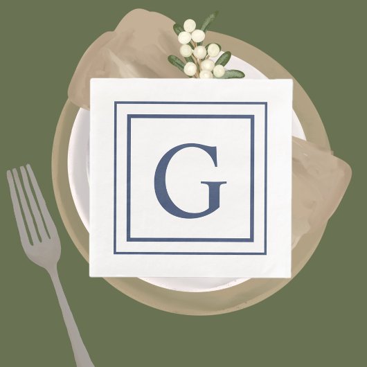 Deep Navy And White Square Border Monogram 