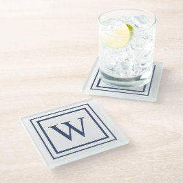 Deep Navy And White Square Border Monogram  ガラスコースター