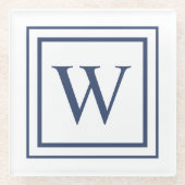 Deep Navy And White Square Border Monogram  ガラスコースター (正面)