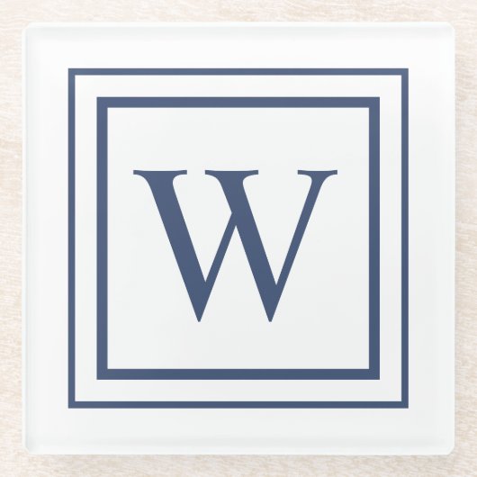 Deep Navy And White Square Border Monogram  ガラスコースター (正面)