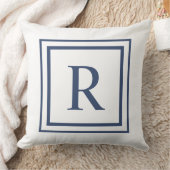 Deep Navy And White Square Border Monogram クッション (ブランケット)