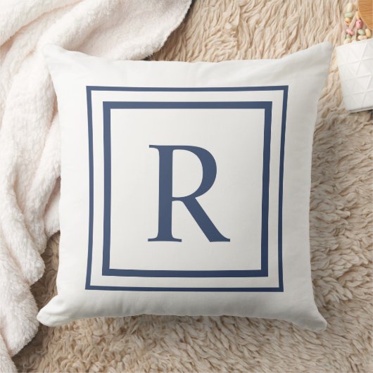 Deep Navy And White Square Border Monogram クッション (ブランケット)