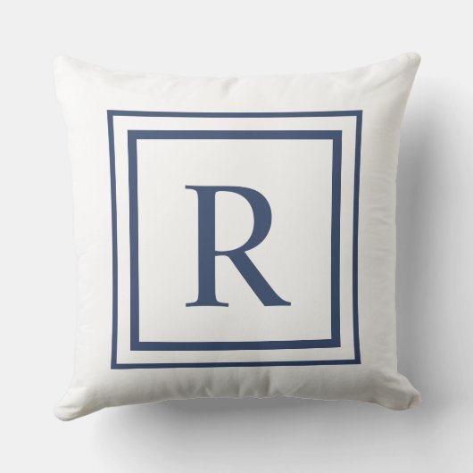 Deep Navy And White Square Border Monogram クッション (裏面)