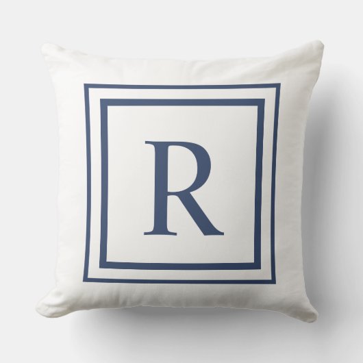 Deep Navy And White Square Border Monogram  クッション (正面)