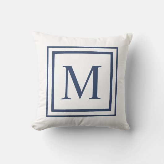 Deep Navy And White Square Border Monogram  クッション (正面)