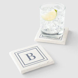 Deep Navy And White Square Border Monogram  ストーンコースター