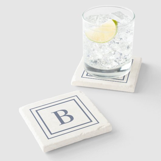 Deep Navy And White Square Border Monogram  ストーンコースター (横)