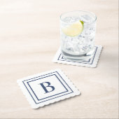 Deep Navy And White Square Border Monogram  ペーパーコースター (インサイチュ)