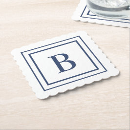 Deep Navy And White Square Border Monogram  ペーパーコースター