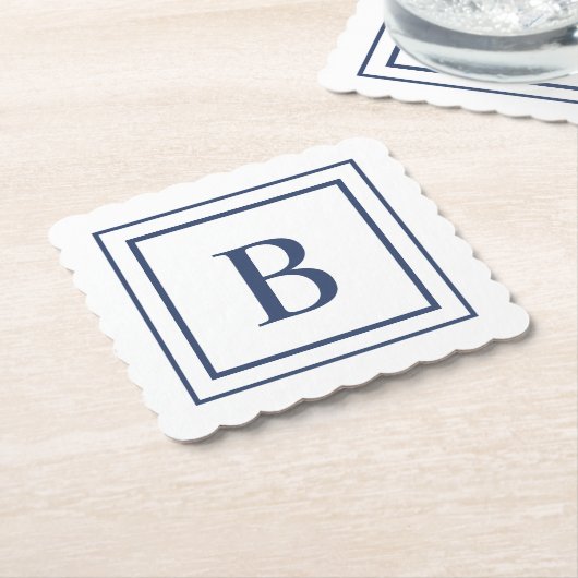 Deep Navy And White Square Border Monogram  ペーパーコースター (アングル)