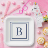 Deep Navy And White Square Border Monogram  ペーパープレート (パーティー)