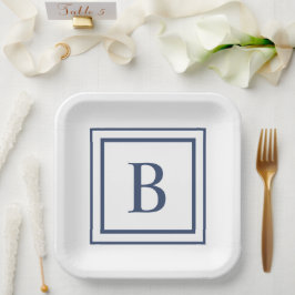Deep Navy And White Square Border Monogram  ペーパープレート