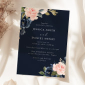 Deep Navy Blue & Blush Floral Wedding 招待状