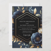 Deep Navy Floral Luxe Wedding 招待状 (正面)