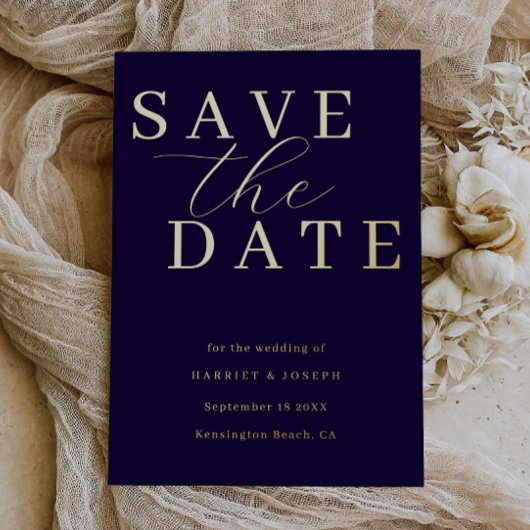 Deep Navy & Gold Foil Wedding Save The Date 箔招待状