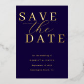 Deep Navy & Gold Foil Wedding Save The Date 箔招待状 (正面)