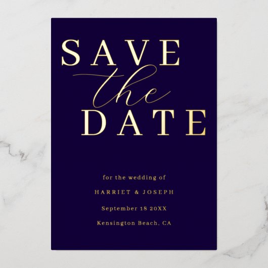 Deep Navy & Gold Foil Wedding Save The Date 箔招待状 (正面)