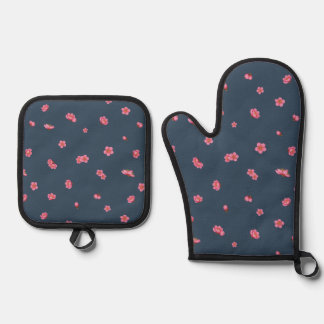 Deep Navy Japanese Red Plum Blossom Floral Pattern 鍋つかみ&鍋敷きセット