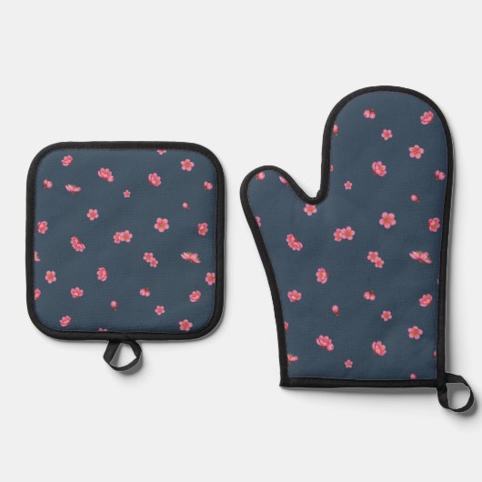 Deep Navy Japanese Red Plum Blossom Floral Pattern 鍋つかみ&鍋敷きセット (正面)