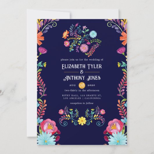 Deep Navy & Marigold Floral Mexican Fiesta Wedding 招待状 (正面)