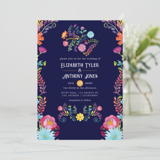 Deep Navy & Marigold Floral Mexican Fiesta Wedding 招待状 (スタンド正面)