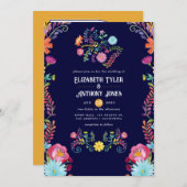 Deep Navy & Marigold Floral Mexican Fiesta Wedding 招待状 (正面/裏面)