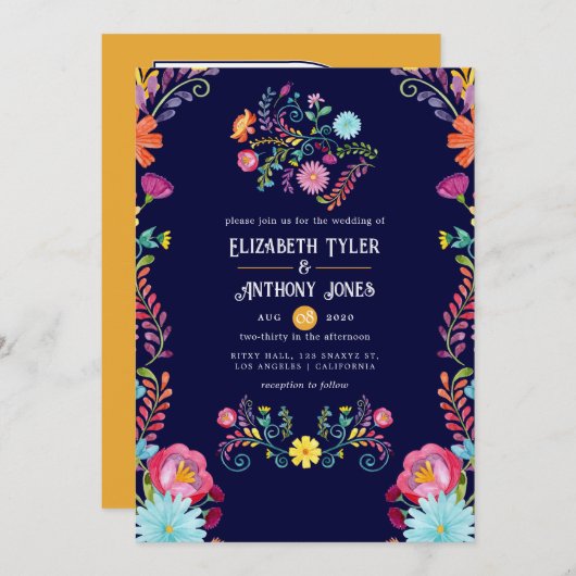 Deep Navy & Marigold Floral Mexican Fiesta Wedding 招待状 (正面/裏面)