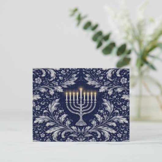 Deep Navy Menorah William Morris Pattern ポストカード (スタンド正面)
