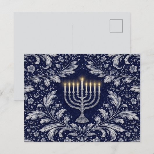 Deep Navy Menorah William Morris Pattern ポストカード (正面/裏面)