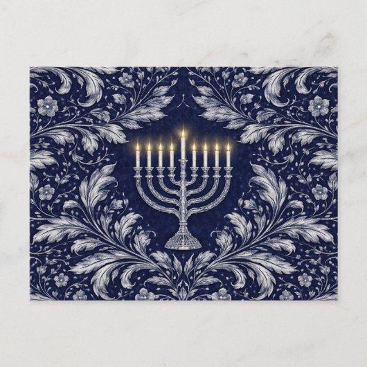 Deep Navy Menorah William Morris Pattern ポストカード (正面)