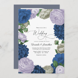 Deep Navy, Soft Lilac & Cloud Gray Floral Wedding 招待状