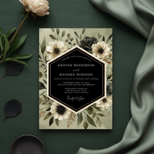 Deep Olive Botanical Romance Wedding 招待状