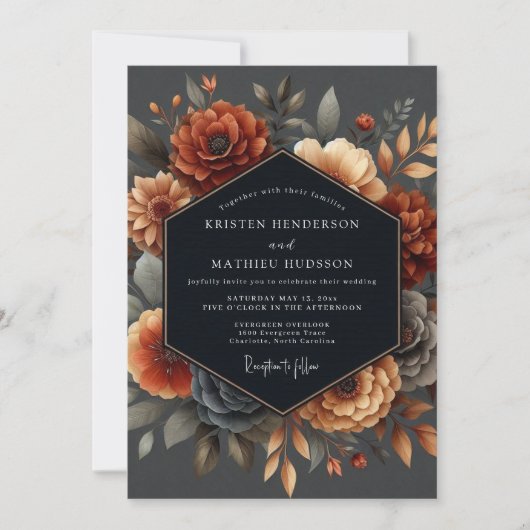 Deep Orange Floral Autumn Wedding 招待状 (正面)