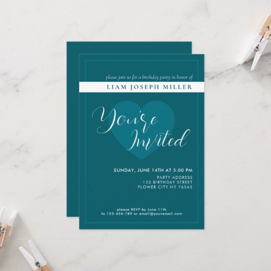 Deep Petrol Custom Script Birthday Invitation 招待状 (正面/裏面インサイチュ)