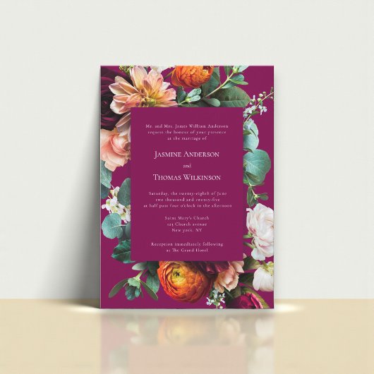 Deep Pink Floral Botanical Wedding Invitation 招待状