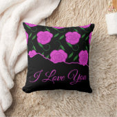 Deep Pink Roses On Black Love You クッション (ブランケット)