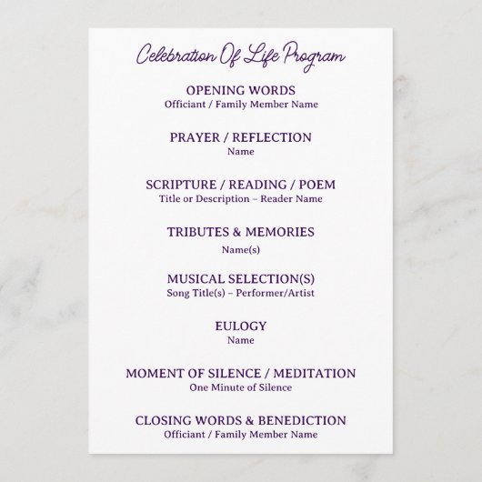 Deep Plum Celebration of Life Funeral Program プログラム (裏面)