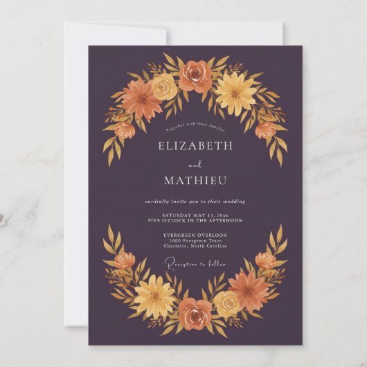 Deep Plum Floral Autumn Wedding 招待状 (正面)
