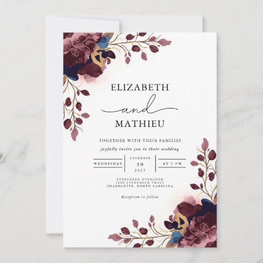 Deep Plum Floral Botanical Wedding 招待状 (正面)