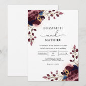 Deep Plum Floral Botanical Wedding 招待状 (正面/裏面)