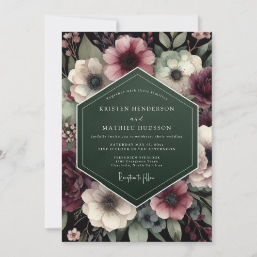 Deep Plum Floral Enchantment Wedding 招待状 (正面)