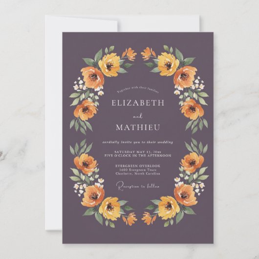 Deep Plum Floral Flourish Wedding 招待状 (正面)