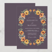 Deep Plum Floral Flourish Wedding 招待状 (正面/裏面)