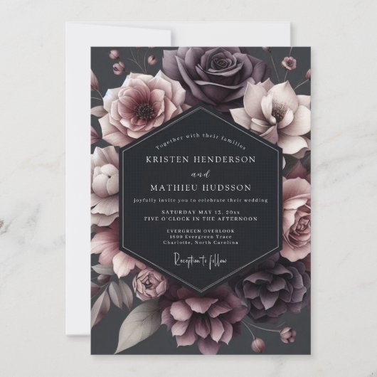 Deep Plum Floral Moody Romance Wedding 招待状 (正面)