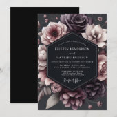 Deep Plum Floral Moody Romance Wedding 招待状 (正面/裏面)
