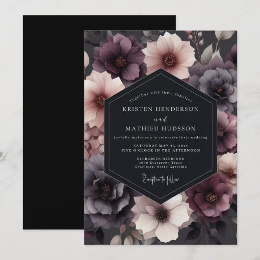 Deep Plum Floral Romance Wedding 招待状 (正面/裏面)