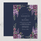 Deep Plum Floral Romantic Wedding 招待状 (正面/裏面)