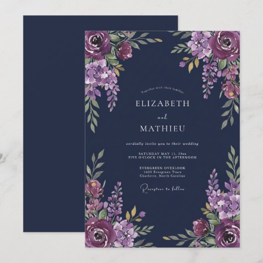 Deep Plum Floral Romantic Wedding 招待状 (正面/裏面)