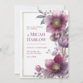 Deep Plum Hellebore Botanical Gold Frame Wedding 招待状 (正面)