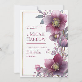 Deep Plum Hellebore Botanical Gold Frame Wedding 招待状